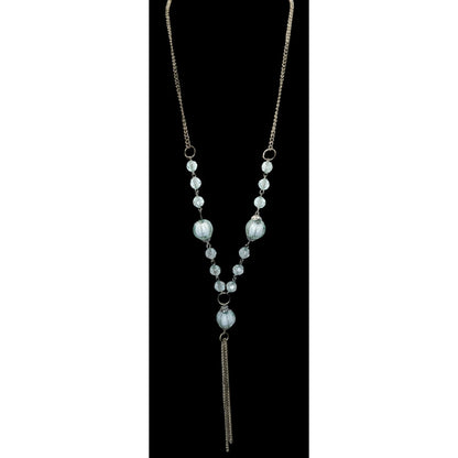Y2K Beaded Y Drop Necklace Translucent Blue Silver Costume Jewelry