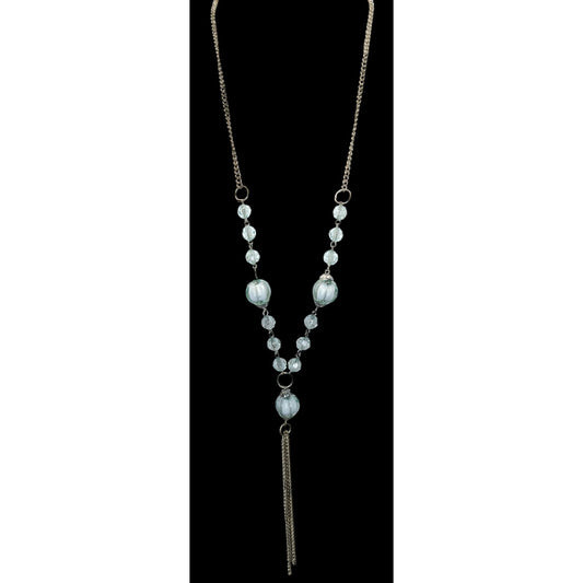 Y2K Beaded Y Drop Necklace Translucent Blue Silver Costume Jewelry