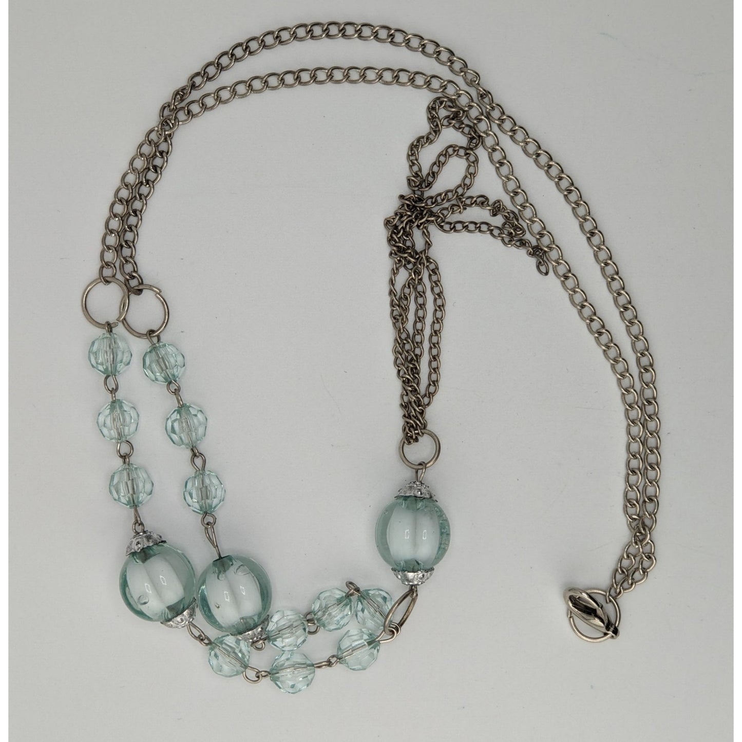Y2K Beaded Y Drop Necklace Translucent Blue Silver Costume Jewelry