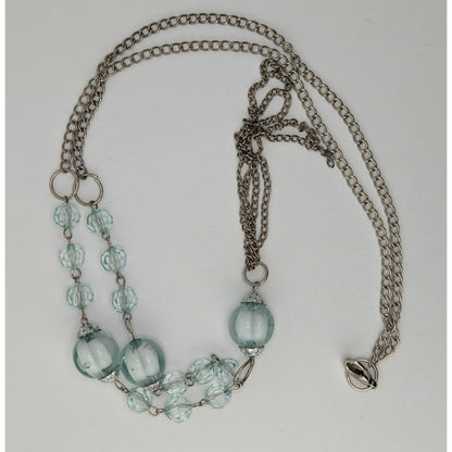 Y2K Beaded Y Drop Necklace Translucent Blue Silver Costume Jewelry