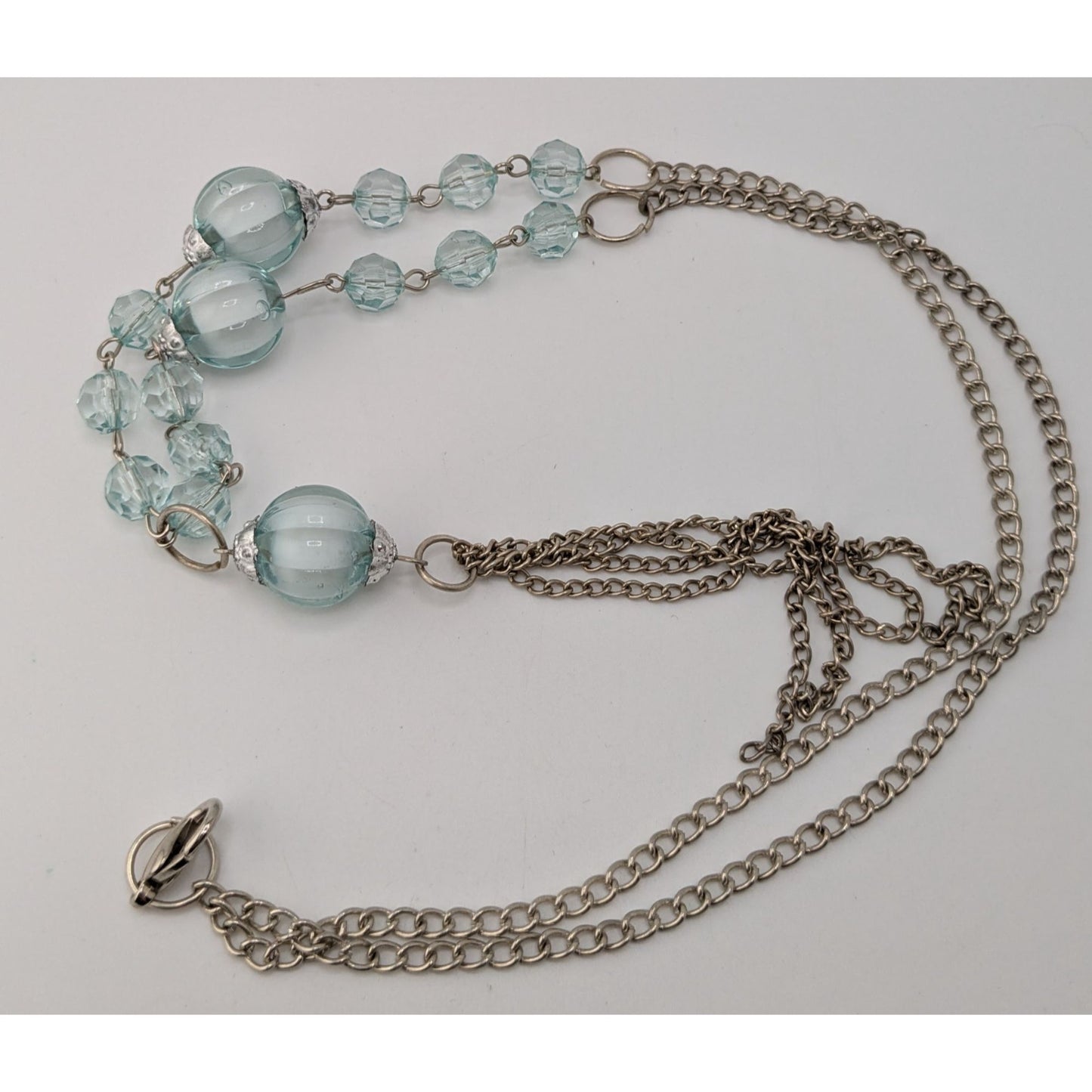 Y2K Beaded Y Drop Necklace Translucent Blue Silver Costume Jewelry