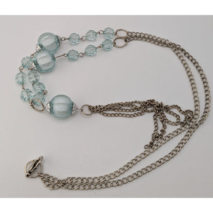 Y2K Beaded Y Drop Necklace Translucent Blue Silver Costume Jewelry