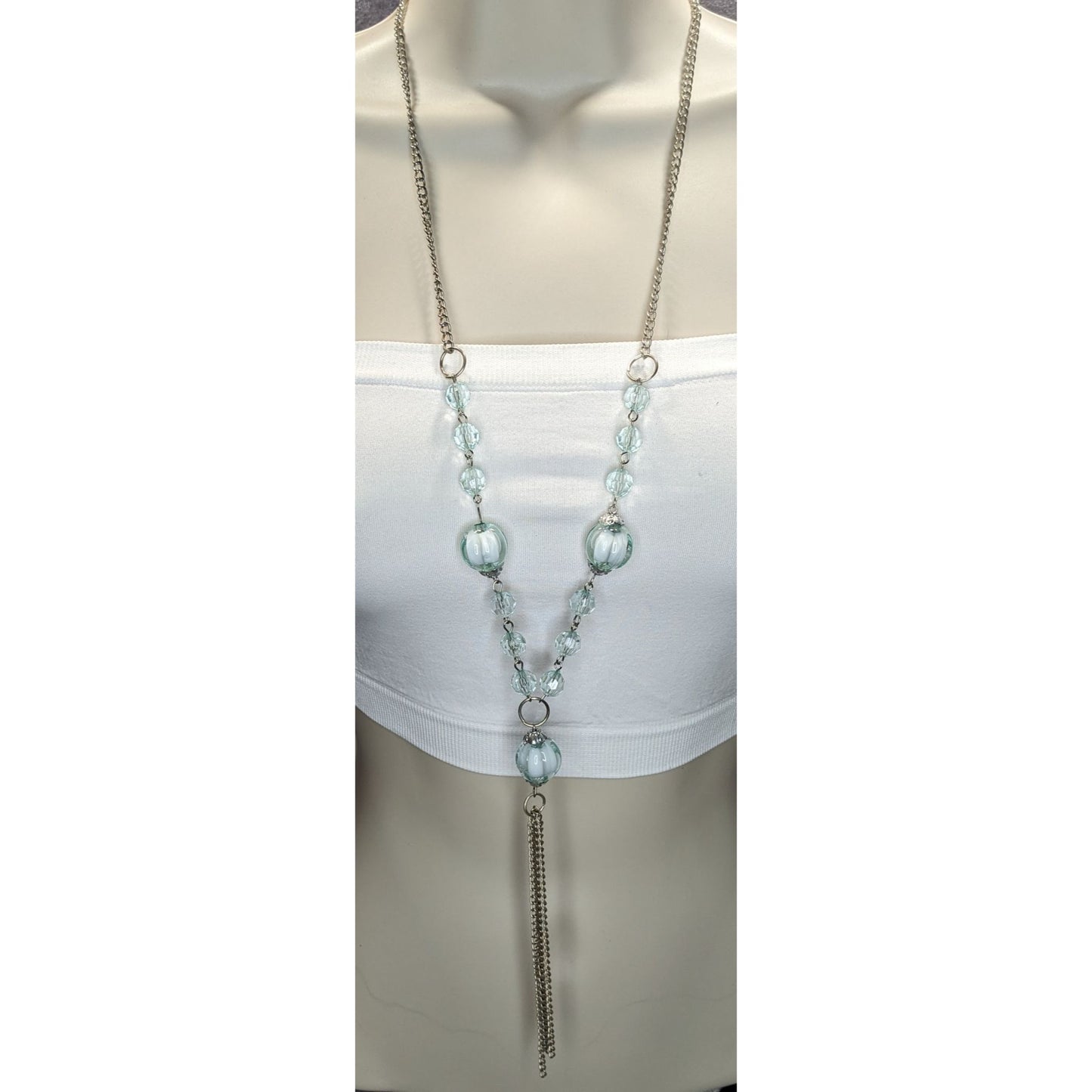 Y2K Beaded Y Drop Necklace Translucent Blue Silver Costume Jewelry