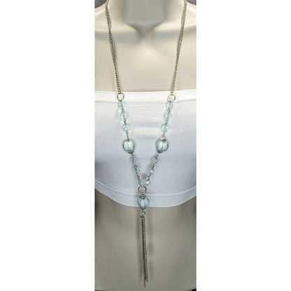 Y2K Beaded Y Drop Necklace Translucent Blue Silver Costume Jewelry