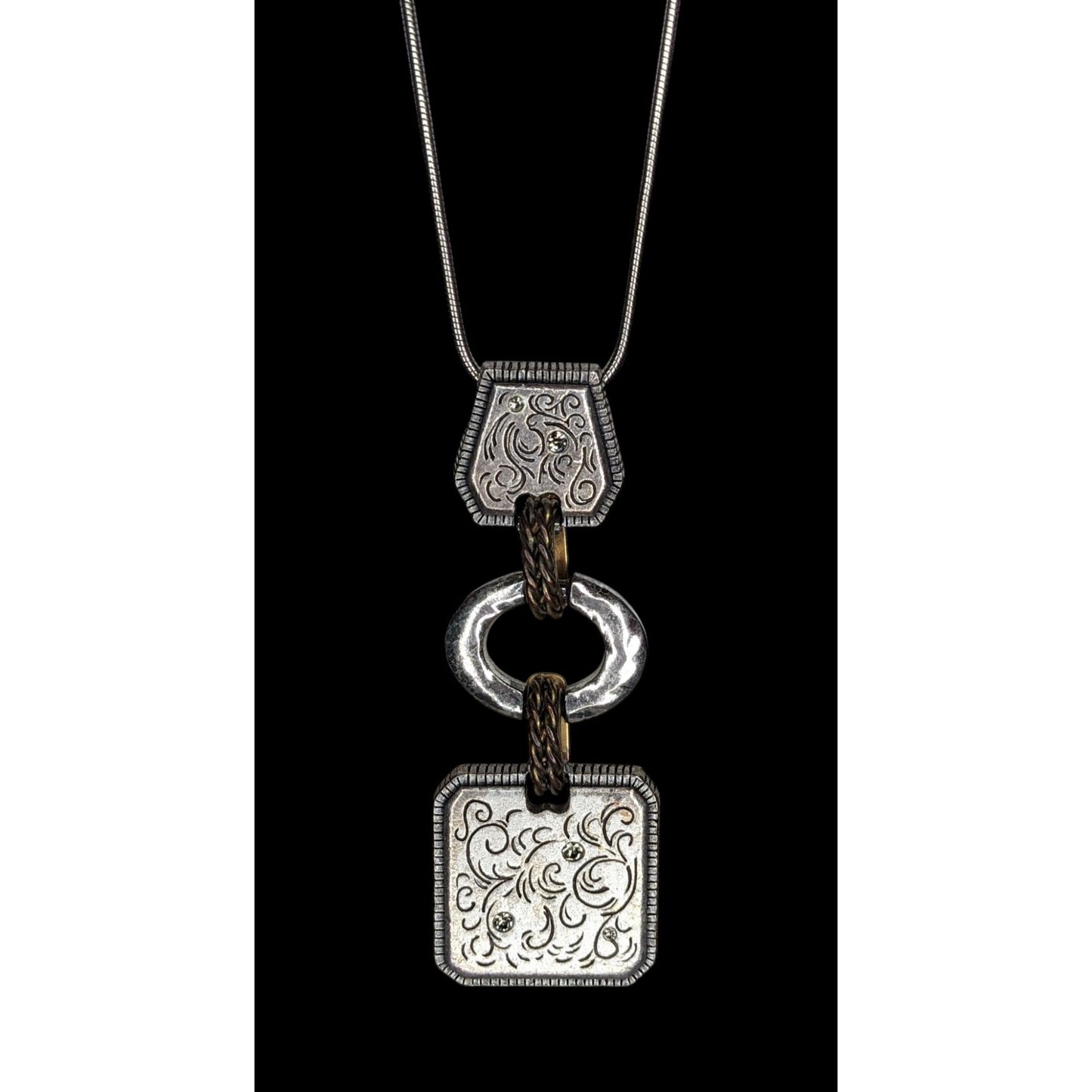 Boho Brutalist Floral Engraved Mixed Metal Long Pendant Necklace Rhinestone Statement