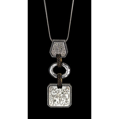 Boho Brutalist Floral Engraved Mixed Metal Long Pendant Necklace Rhinestone Statement