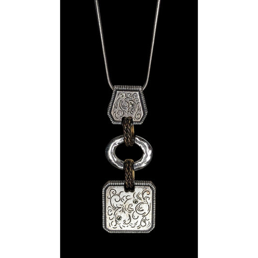 Boho Brutalist Floral Engraved Mixed Metal Long Pendant Necklace Rhinestone Statement
