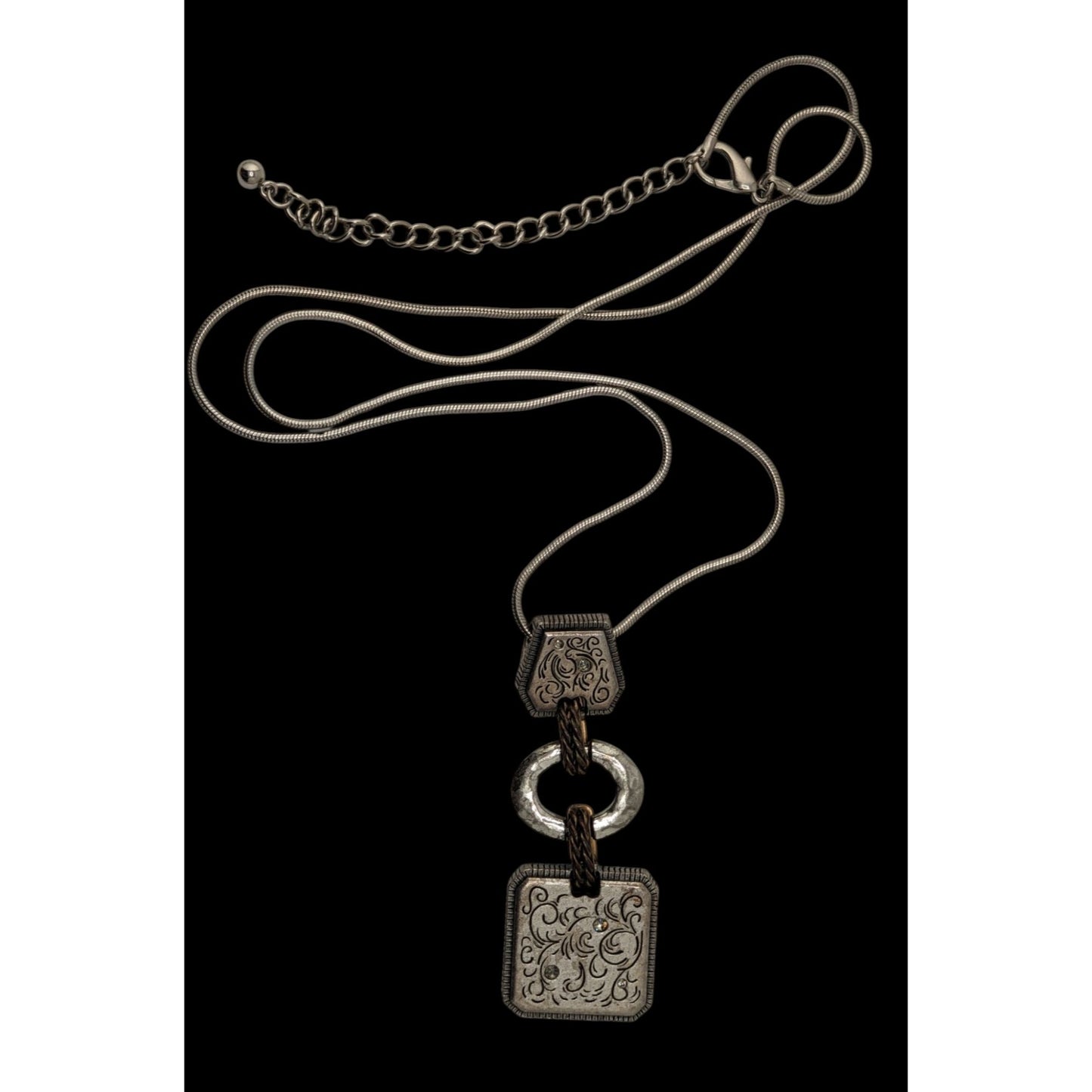 Boho Brutalist Floral Engraved Mixed Metal Long Pendant Necklace Rhinestone Statement