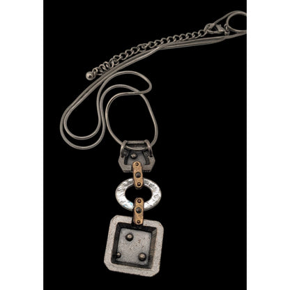 Boho Brutalist Floral Engraved Mixed Metal Long Pendant Necklace Rhinestone Statement