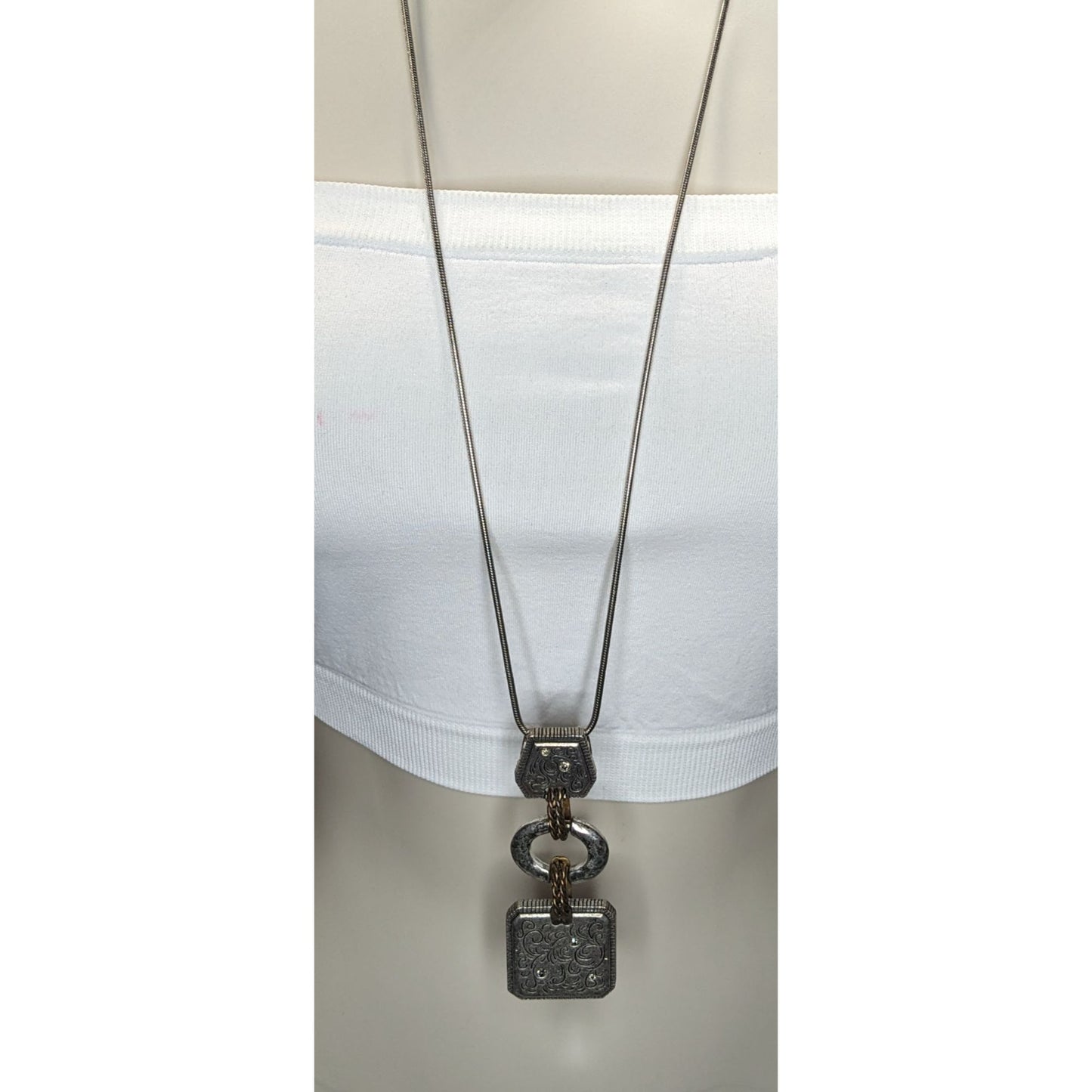 Boho Brutalist Floral Engraved Mixed Metal Long Pendant Necklace Rhinestone Statement