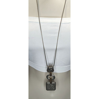 Boho Brutalist Floral Engraved Mixed Metal Long Pendant Necklace Rhinestone Statement