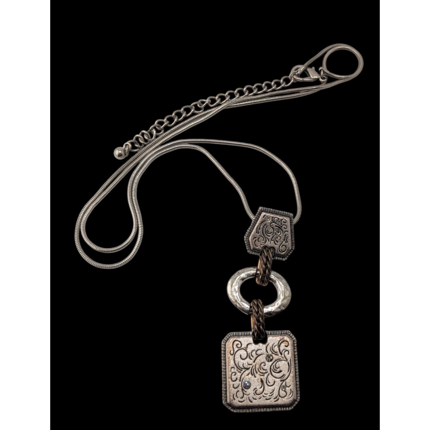 Boho Brutalist Floral Engraved Mixed Metal Long Pendant Necklace Rhinestone Statement