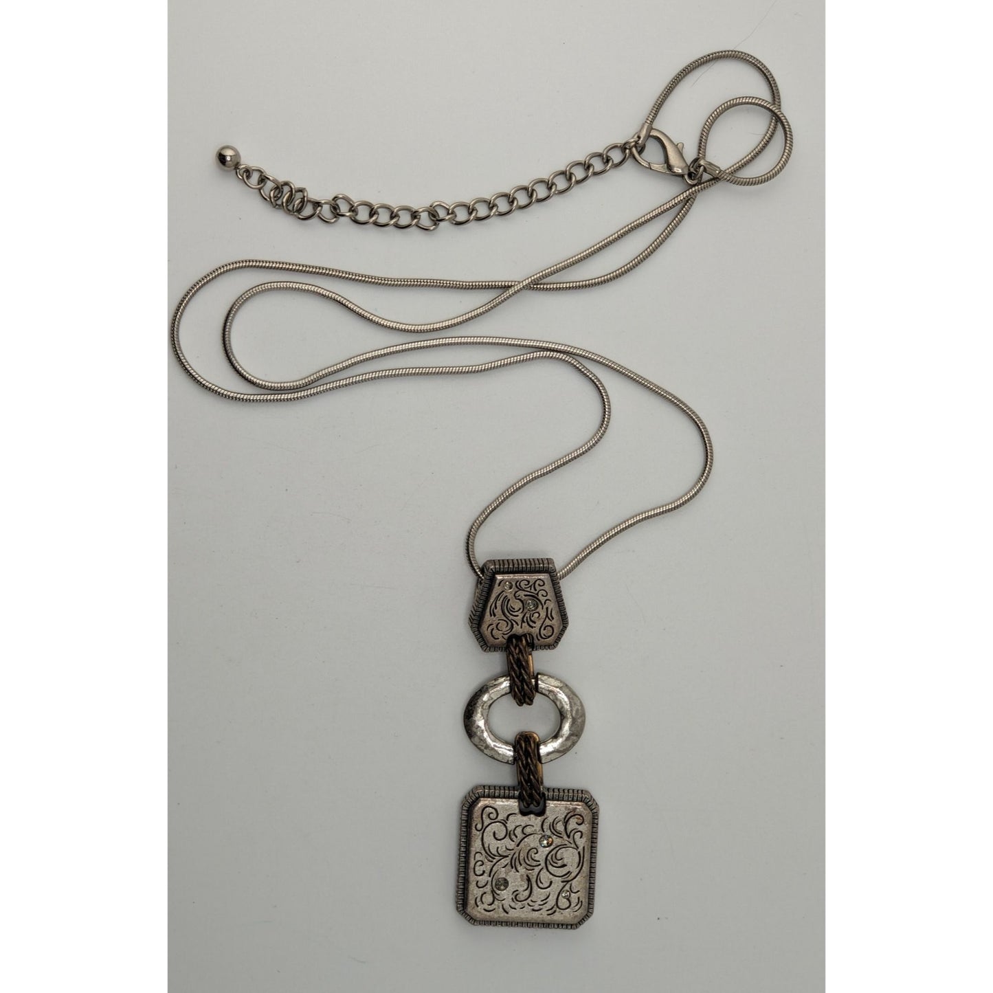 Boho Brutalist Floral Engraved Mixed Metal Long Pendant Necklace Rhinestone Statement