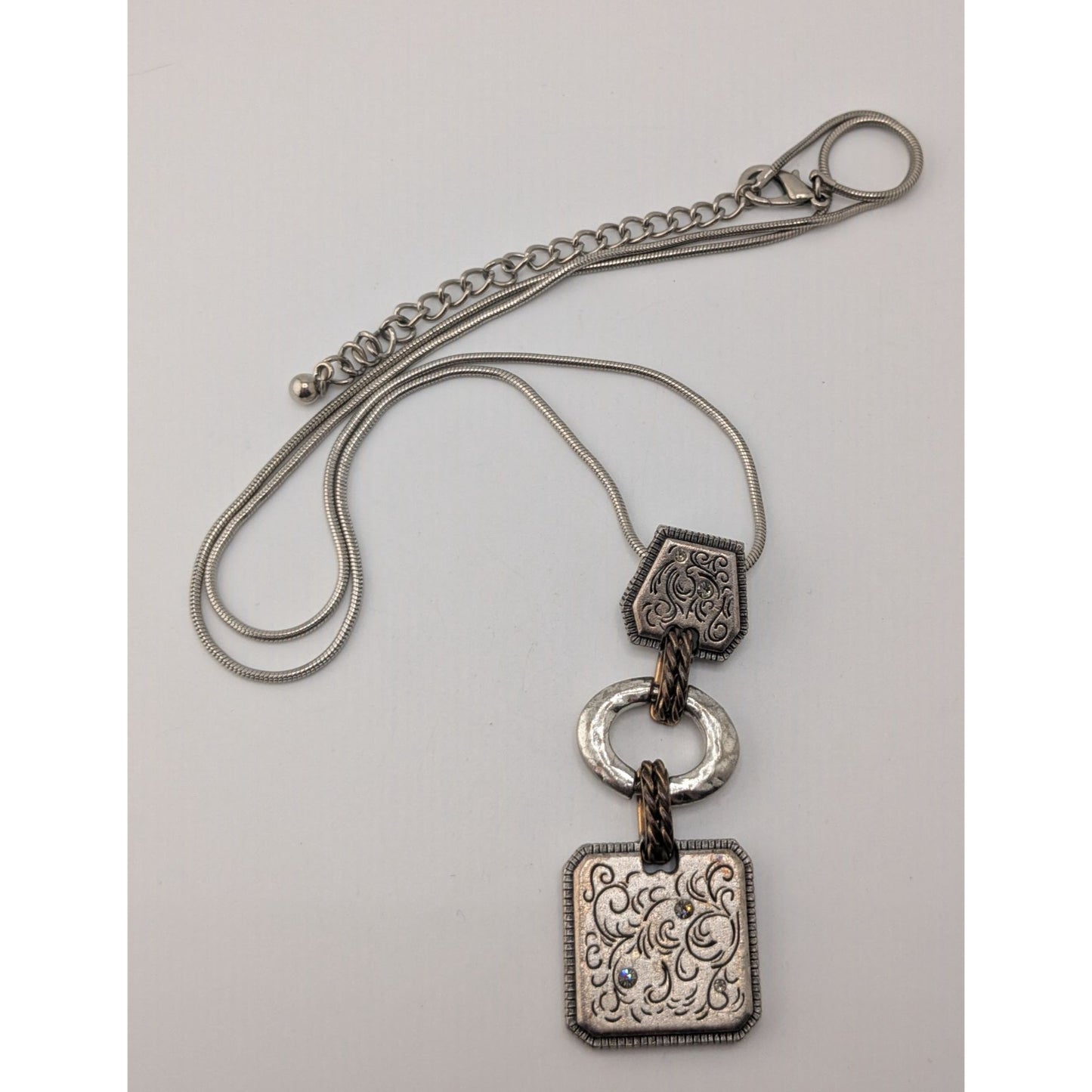 Boho Brutalist Floral Engraved Mixed Metal Long Pendant Necklace Rhinestone Statement