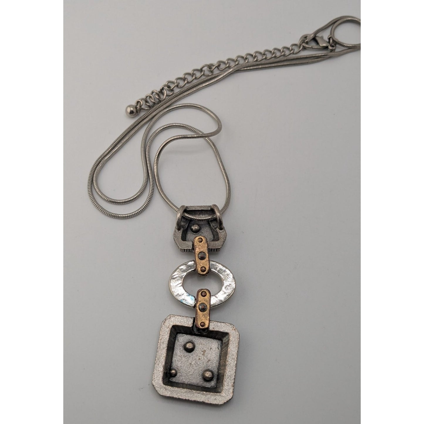Boho Brutalist Floral Engraved Mixed Metal Long Pendant Necklace Rhinestone Statement