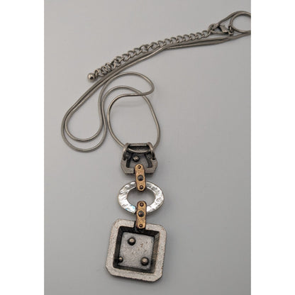 Boho Brutalist Floral Engraved Mixed Metal Long Pendant Necklace Rhinestone Statement