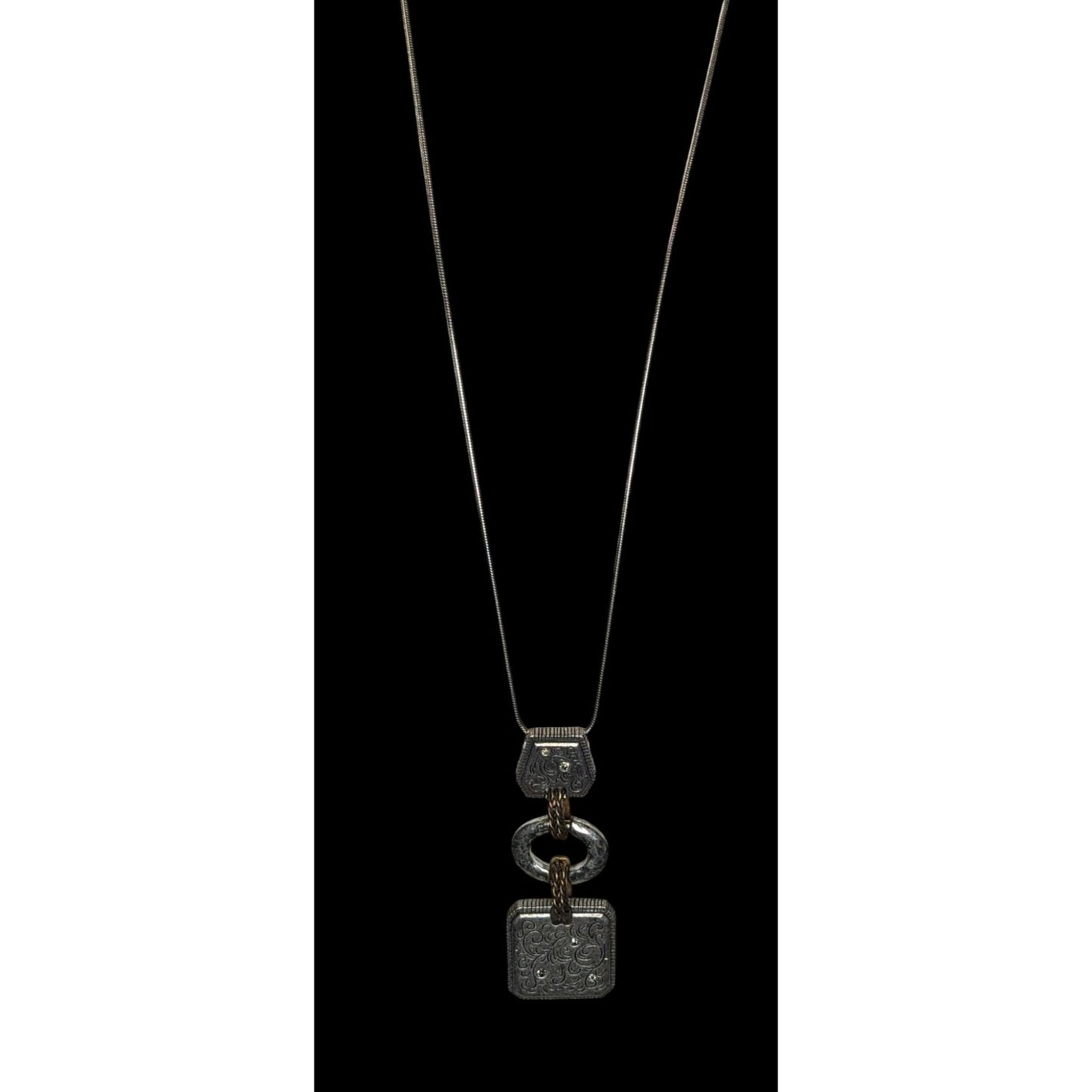 Boho Brutalist Floral Engraved Mixed Metal Long Pendant Necklace Rhinestone Statement