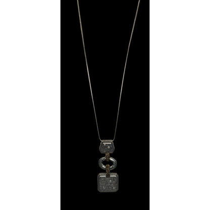 Boho Brutalist Floral Engraved Mixed Metal Long Pendant Necklace Rhinestone Statement
