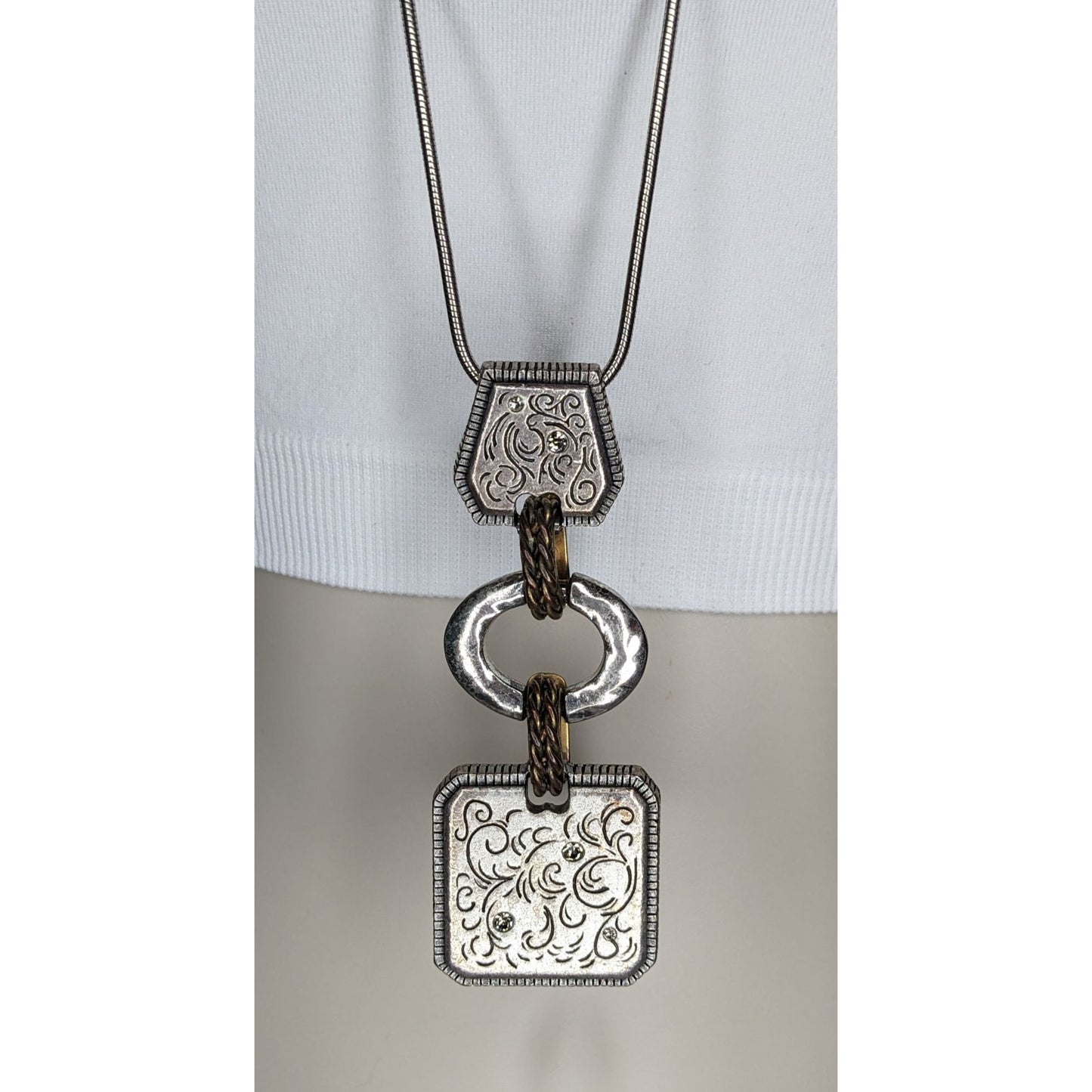 Boho Brutalist Floral Engraved Mixed Metal Long Pendant Necklace Rhinestone Statement