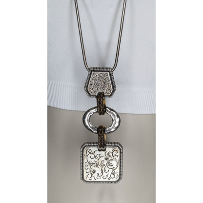 Boho Brutalist Floral Engraved Mixed Metal Long Pendant Necklace Rhinestone Statement