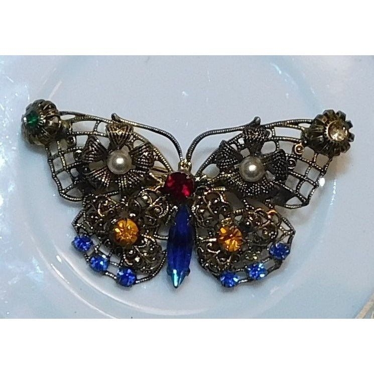 Vintage Steampunk Rhinestone Butterfly Brooch