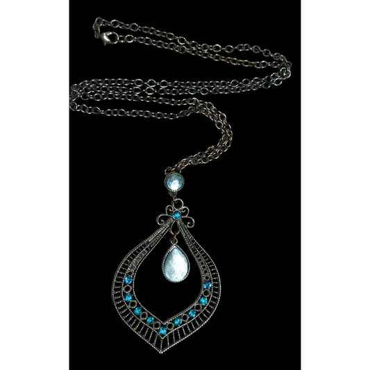 Bohemian Teardrop Blue Gemmed Silver Tone Pendant Necklace