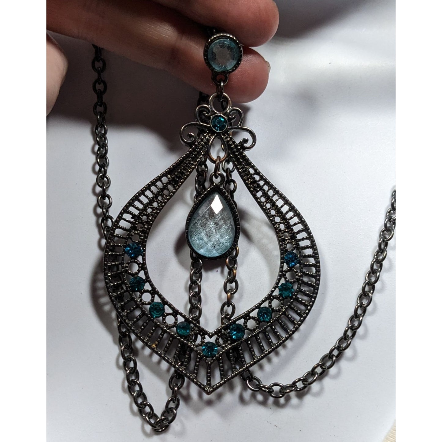Bohemian Teardrop Blue Gemmed Silver Tone Pendant Necklace