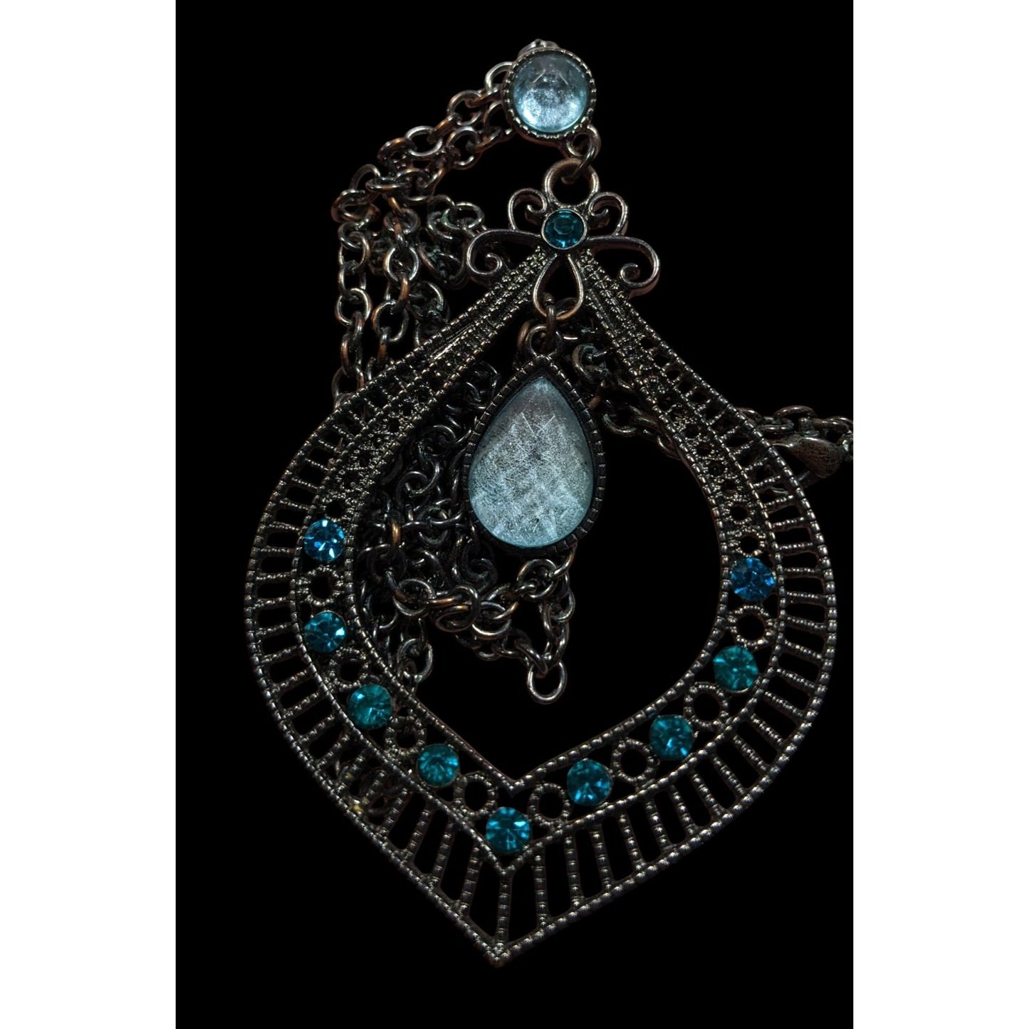 Bohemian Teardrop Blue Gemmed Silver Tone Pendant Necklace