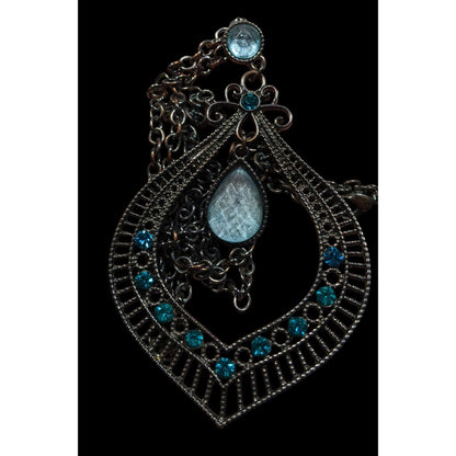 Bohemian Teardrop Blue Gemmed Silver Tone Pendant Necklace