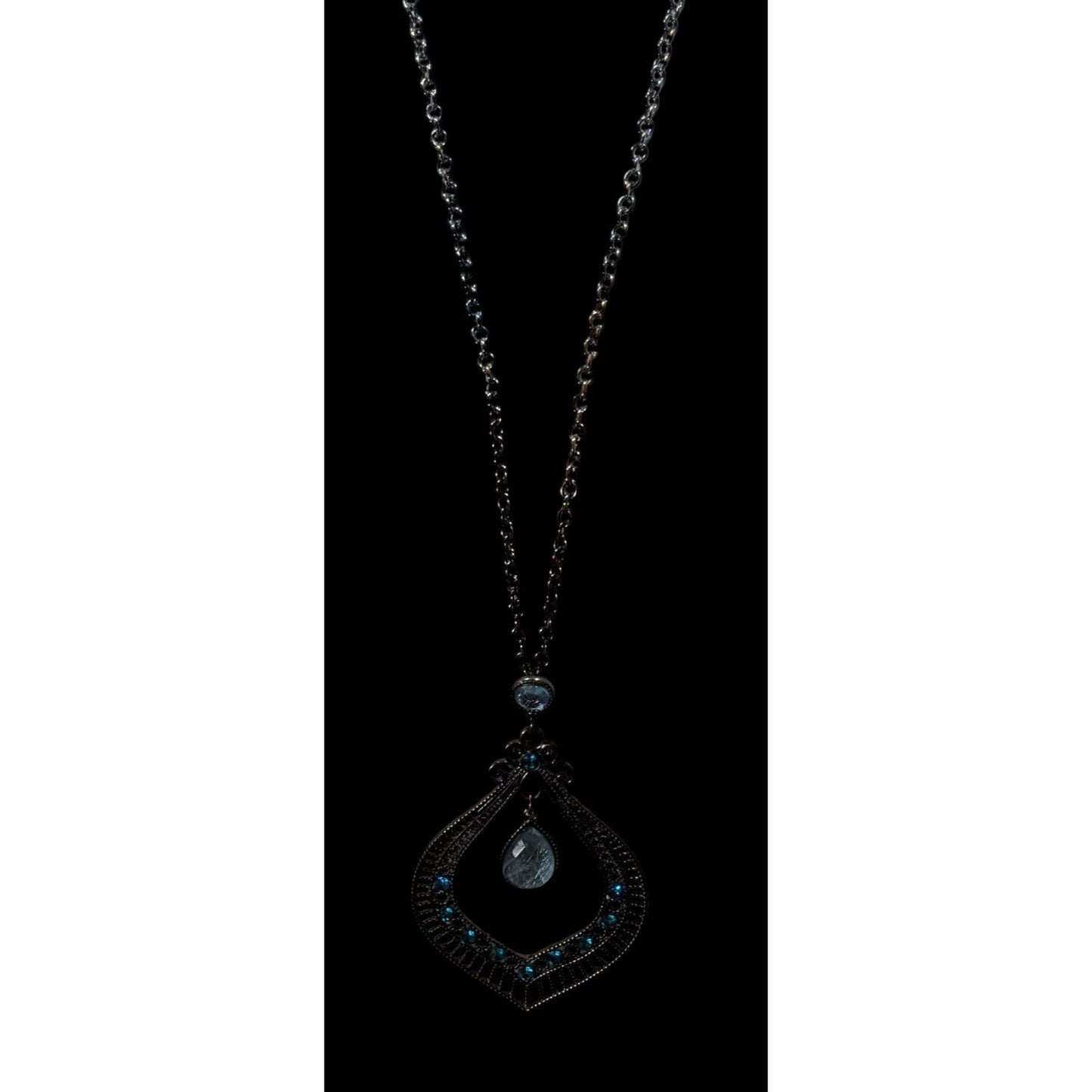Bohemian Teardrop Blue Gemmed Silver Tone Pendant Necklace