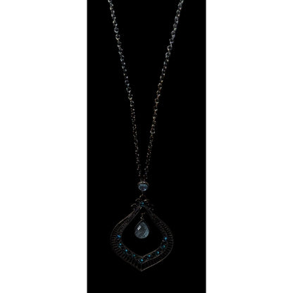 Bohemian Teardrop Blue Gemmed Silver Tone Pendant Necklace