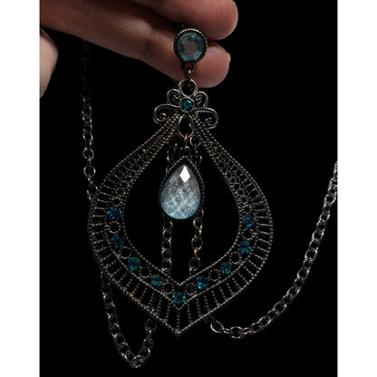 Bohemian Teardrop Blue Gemmed Silver Tone Pendant Necklace