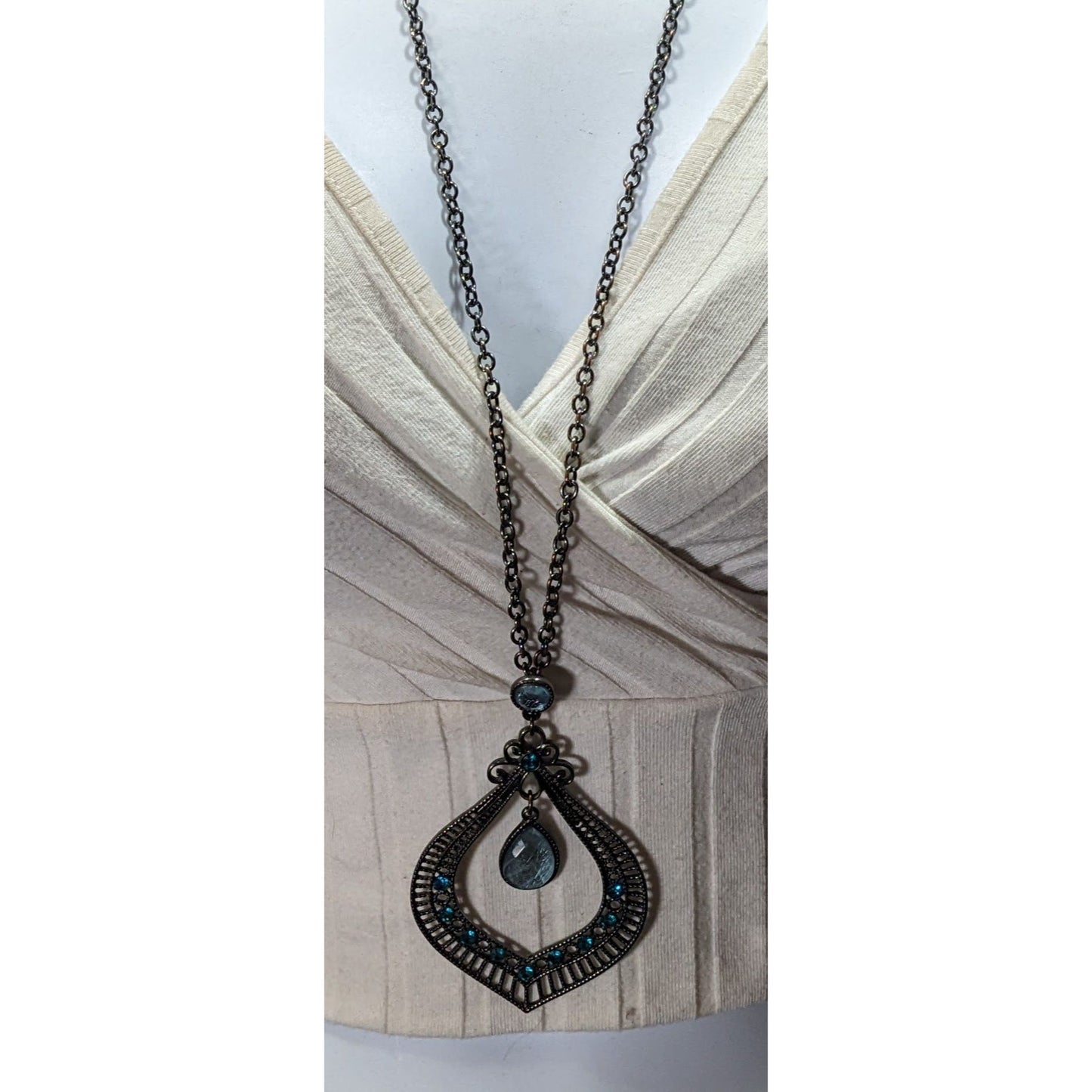 Bohemian Teardrop Blue Gemmed Silver Tone Pendant Necklace