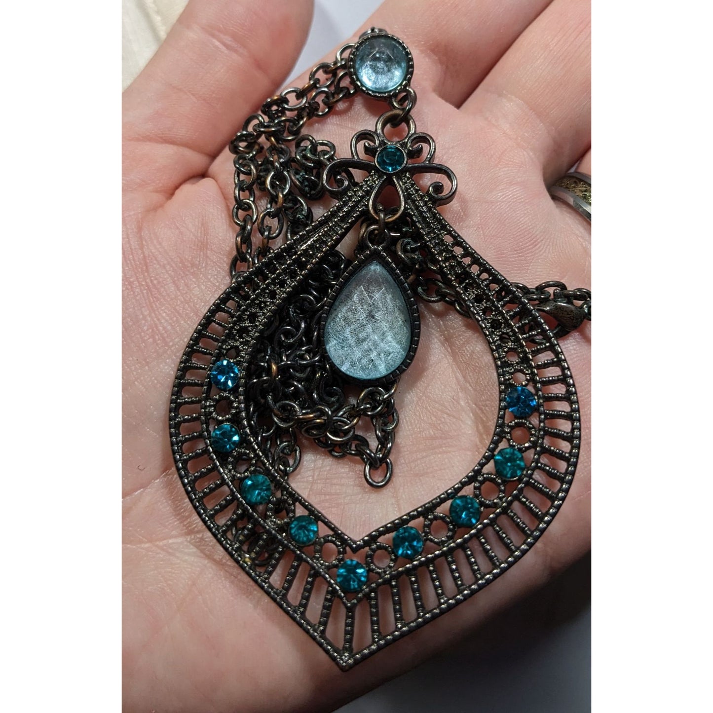 Bohemian Teardrop Blue Gemmed Silver Tone Pendant Necklace
