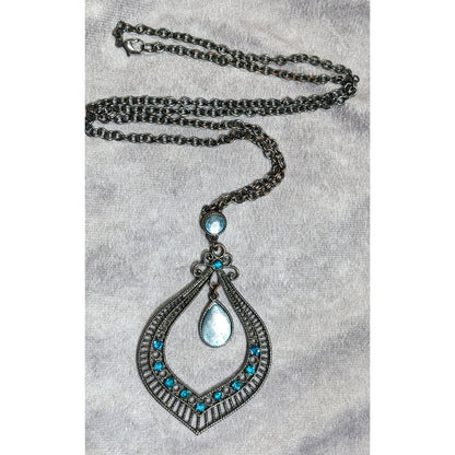 Bohemian Teardrop Blue Gemmed Silver Tone Pendant Necklace