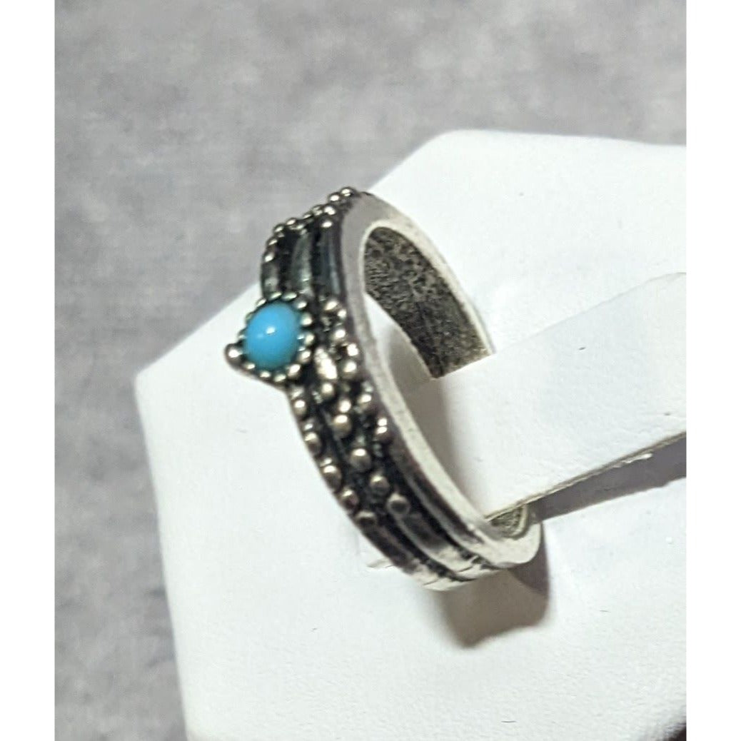 Southwestern Style Silver Tone Textured Stone Turquoise Stone Ring Size 6