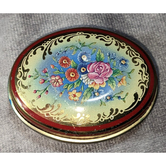 Chambers Vintage Cottagecore Floral Metal Candy Tin Red Gold Oval Box
