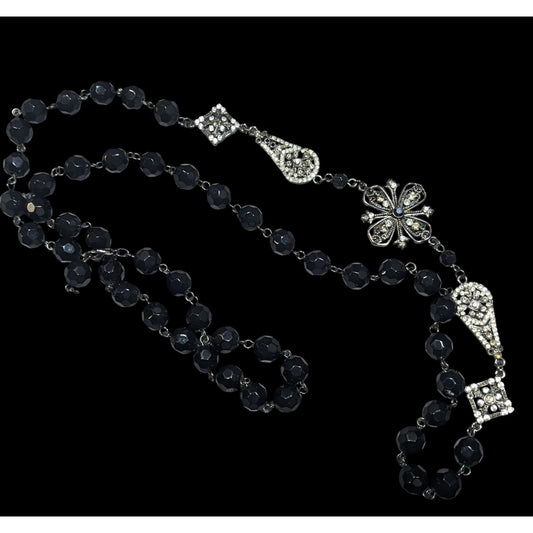 Glam Goth Floral Rhinestone Accented Black Beaded Opera Necklace