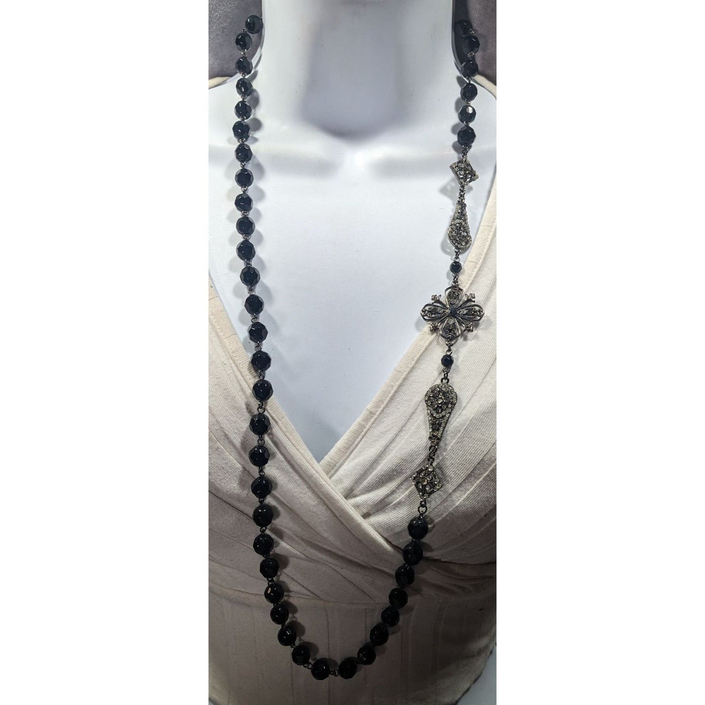 Glam Goth Floral Rhinestone Accented Black Beaded Opera Necklace