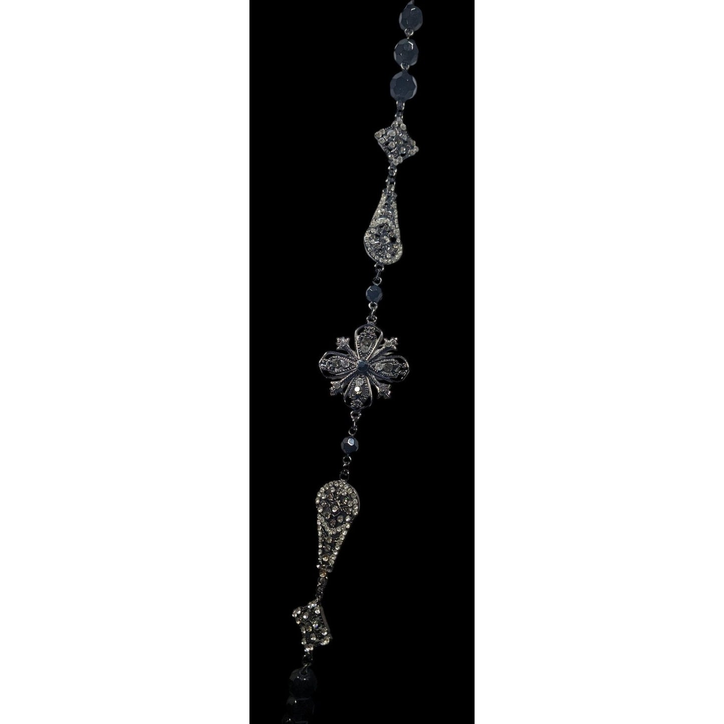 Glam Goth Floral Rhinestone Accented Black Beaded Opera Necklace