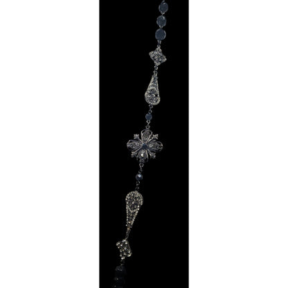 Glam Goth Floral Rhinestone Accented Black Beaded Opera Necklace