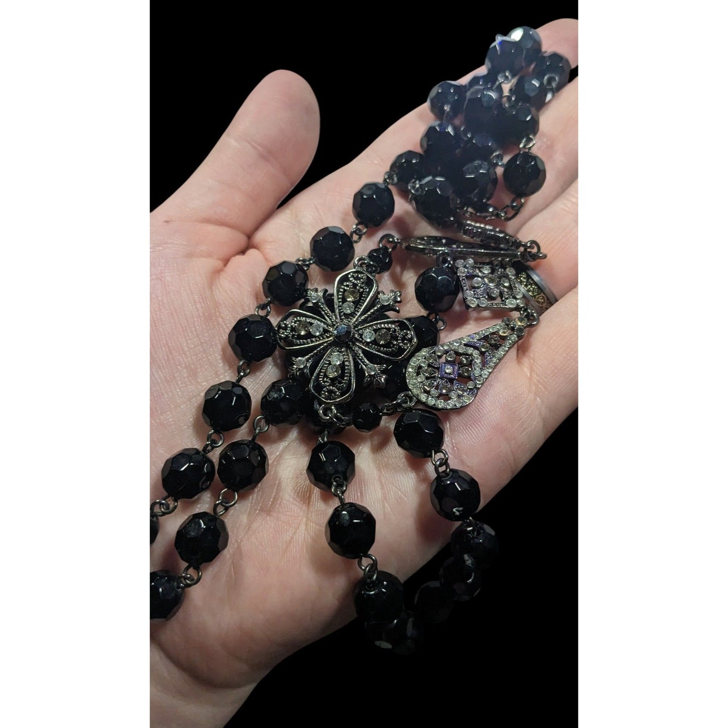 Glam Goth Floral Rhinestone Accented Black Beaded Opera Necklace
