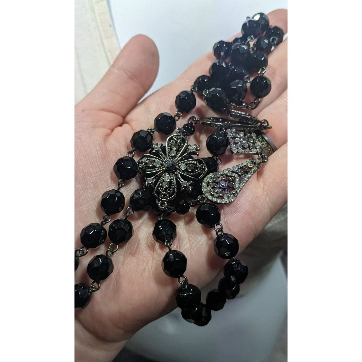 Glam Goth Floral Rhinestone Accented Black Beaded Opera Necklace