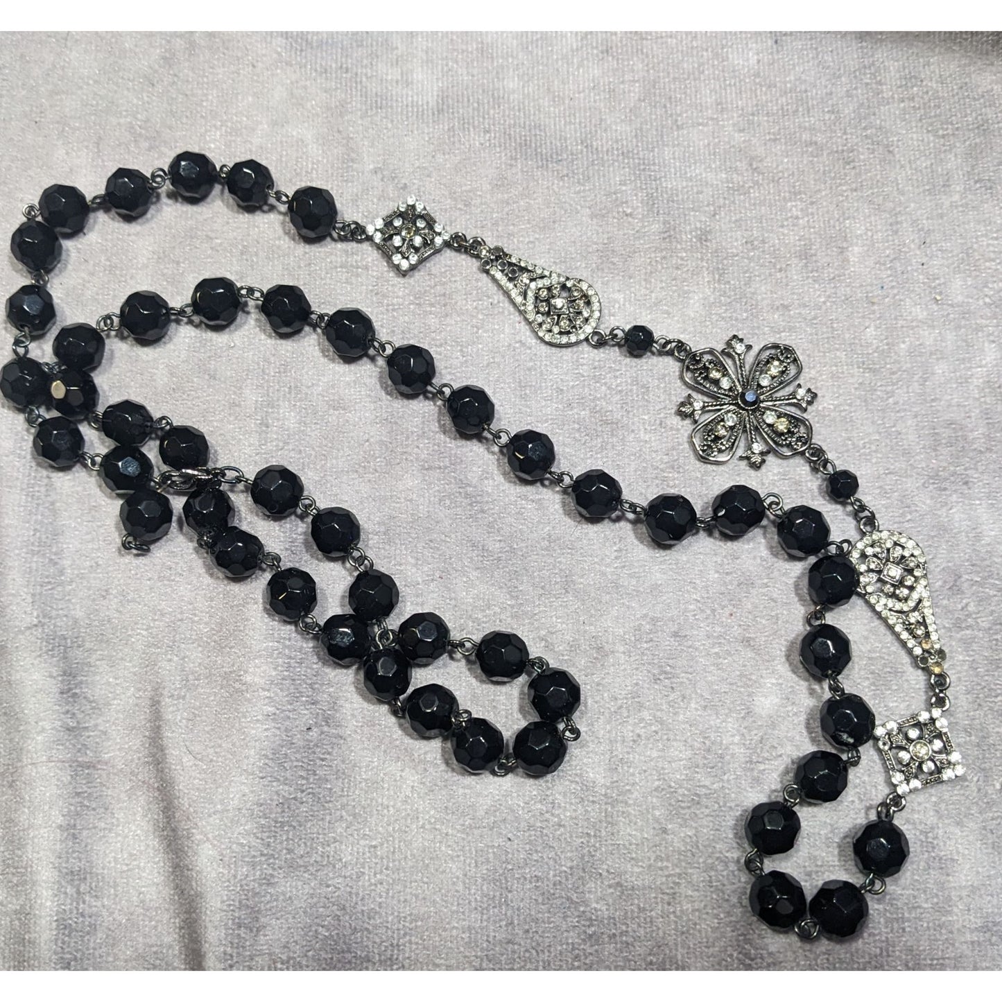 Glam Goth Floral Rhinestone Accented Black Beaded Opera Necklace