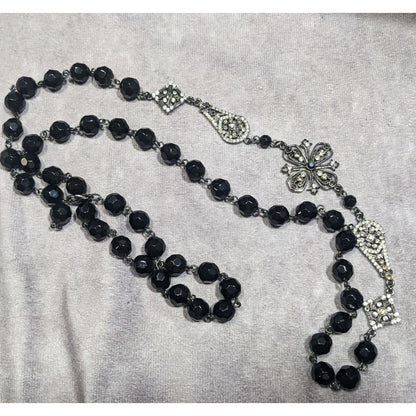 Glam Goth Floral Rhinestone Accented Black Beaded Opera Necklace