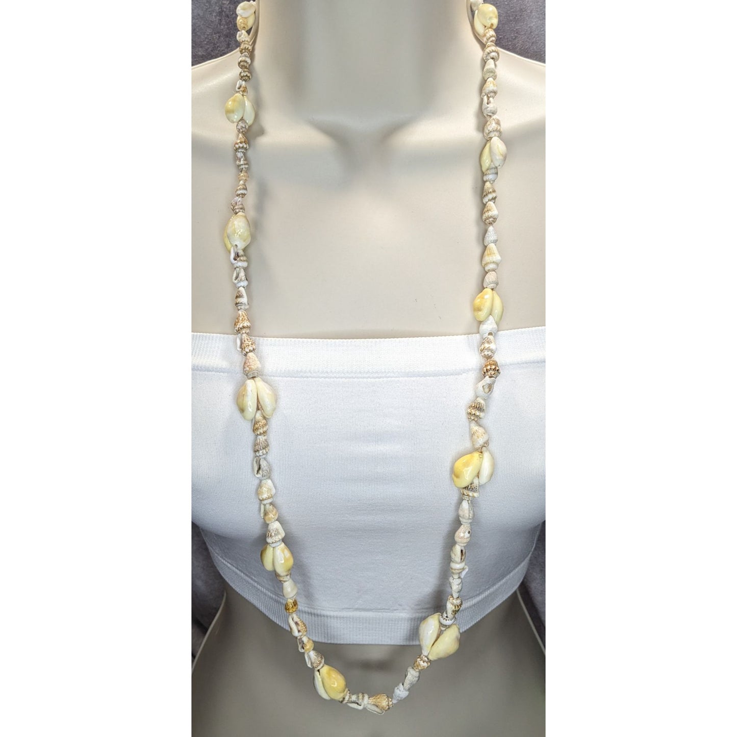 Shell Beaded Necklace 35" With Cream & Natural Tones Coastal Style Beach Jewelry Handmade Boho Chic Accessory