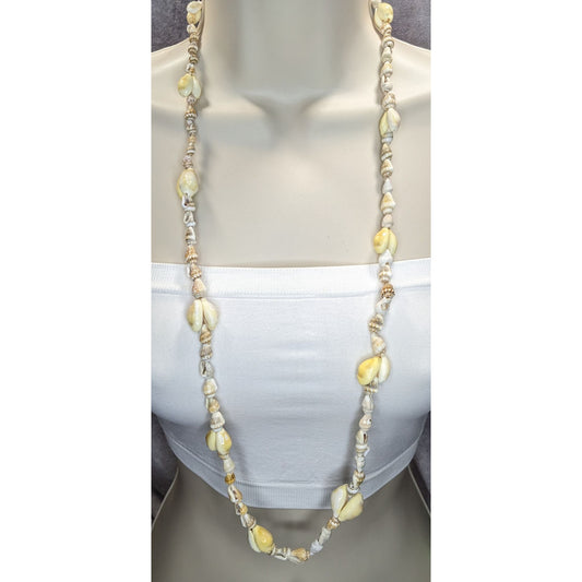 Shell Beaded Necklace 35" With Cream & Natural Tones Coastal Style Beach Jewelry Handmade Boho Chic Accessory