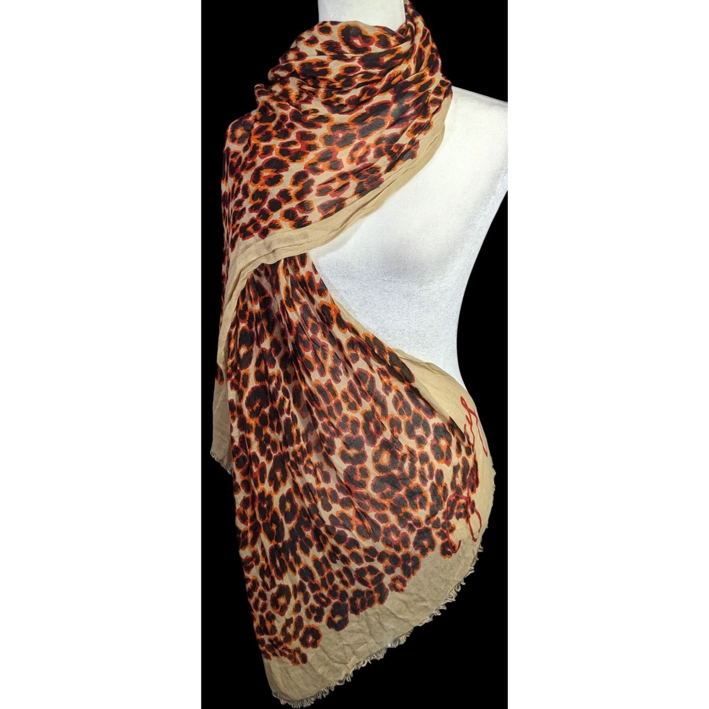 Juicy Couture Leopard Print Lightweight Scarf 33x79 Inches Beige & Orange Wrap Shawl