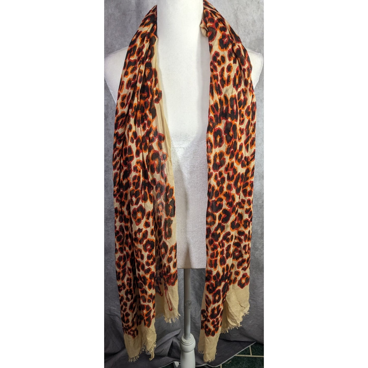 Juicy Couture Leopard Print Lightweight Scarf 33x79 Inches Beige & Orange Wrap Shawl