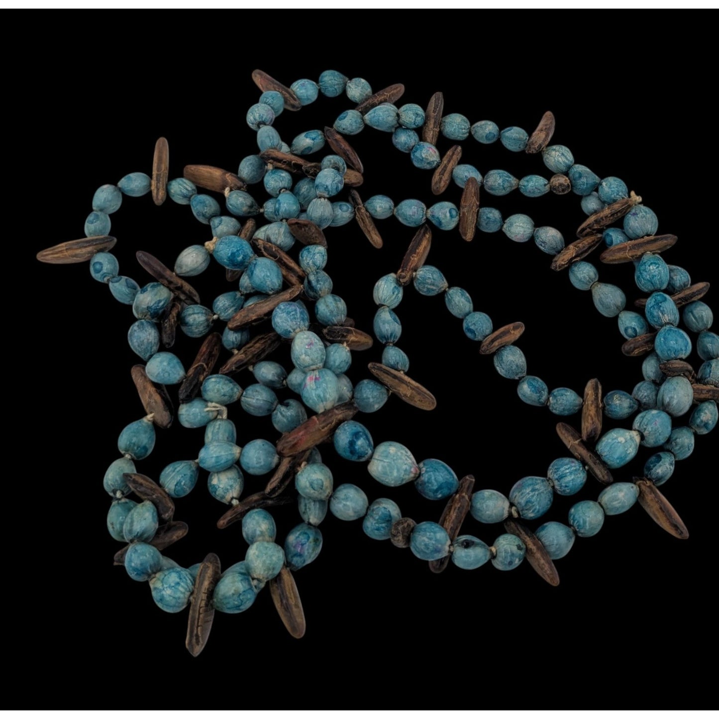 Vintage Blue Dyed Natural Seed Beaded Necklace With Brown Accents